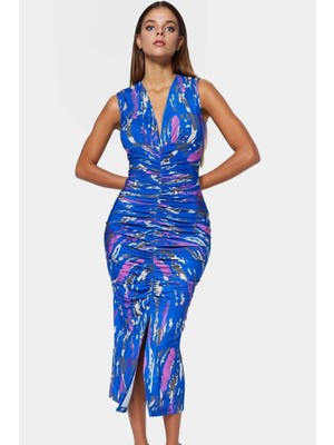 Midi Boy V Yaka Büzgü Detaylı Elbise Esnek Örme Kumaş Bodycon Kalıp 120 cm Uzunluk Premium Kalite