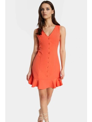 Rahat ve Şık Polyester Mini Elbise A Line V Yaka Düğmeli Detay Iş Günlük Mükemmel Uyum