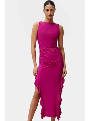 Bodycon Maxi Elbise Esnek Fırfırlı Kayık Yaka Yazlık Seçkin Malzeme Trend Tasarım