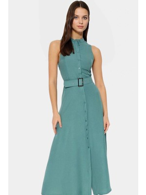 Lilyum Dokuma Polyester Gömlek Elbise Kemer Detaylı Maxi Boy Zarifane Tasarım Profesyonel Görünüm