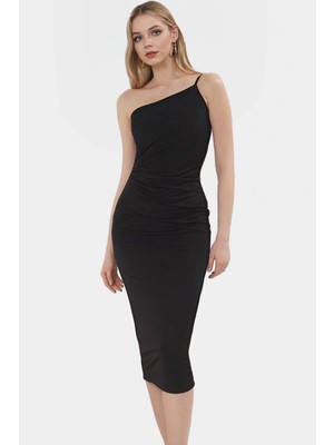 Asimetrik Yaka Midi Elbise Vücut Saran Kalıp Polyester Elastan Kumaş Günlük Kullanım Yüksek Kalite
