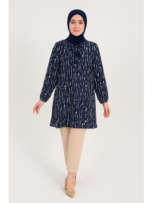 Kadın Cizgi Desenli Dokuma Tunik Mavi