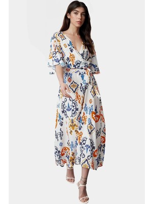 A Line Shally Dokuma Midi Elbise Etnik Desen V Yaka Kuşak Detaylı Yüksek Kalite