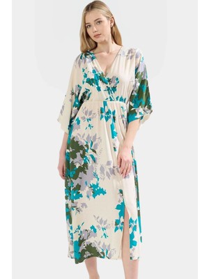 A Kesim Midi Elbise Etnik Desenli Viskoz Dokuma Truvakar Kollu Yazlık Zarifane Tasarım