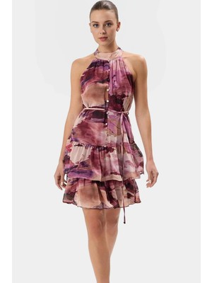 Rahat Mini Elbise Halter Yaka Belden Açılan Etek Dokuma Kumaş Günlük Şık Kaliteli Işçilik