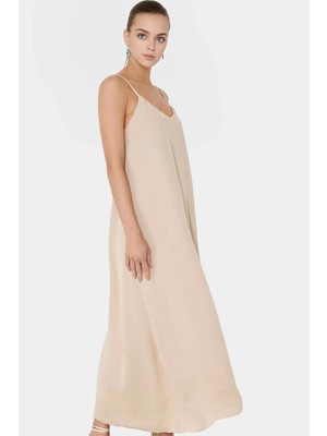 Şık V Yaka Kolsuz Maxi Elbise 130CM Boy Polyester Dokuma Rahat Seçkin Malzeme