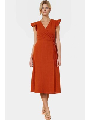 Rahat ve Şık Pamuklu Midi Elbise Kruvaze V Yaka Keten Görünümlü Zarifane Tasarım Konforlu Kesim