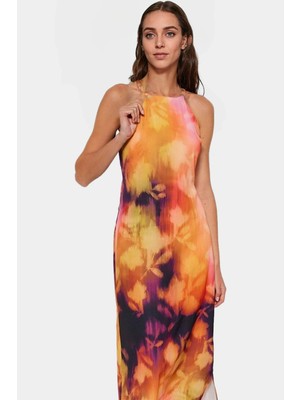 Astarlı Polyester Dokuma Elbise Halter Yaka Düz Kesim Midi Boy Soyut Desen Günlük Kullanım Için