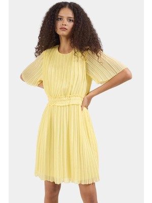 Şifon Dokuma Piliseli Mini Elbise Skater Kalıp Kısa Kollu Rahat Yazlık Özel Tasarım Kaliteli Işçilik