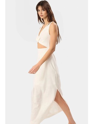 Rahat Yazlık Dokuma Elbise A Kesim Cut Out Detaylı Bisiklet Yaka Profesyonel Görünüm Modern Stil