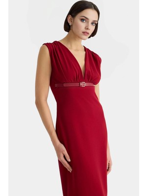 Bodycon Midi Elbise V Yaka Kemerli Scuba Krep Polyester Günlük Uzun Ömürlü Modern Stil