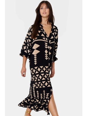 Polyester Shally Dokuma Elbise Midi Boy Truvakar Kol Geniş Kesim Modern Stil Seçkin Malzeme