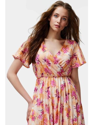 Astarlı Piliseli Midi Elbise Çiçek Desenli Skater Günlük Özenle Seçilmiş