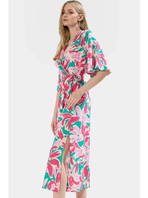 Kruvaze Yaka A Kesim Maxi Elbise  Viskoz Çok Çiçek Desenli Yazlık Mükemmel Uyum