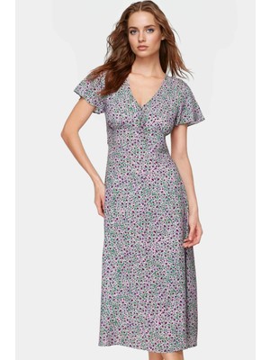 Viskoz Dokuma A Line Midi Elbise V Yaka Çiçek Desenli Yazlık Uzun Ömürlü Mükemmel Uyum