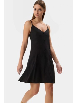 Rahat Viskoz Mini Elbise V Yaka Düğmeli Shift Kalıp Günlük Kullanım Için Modern Stil