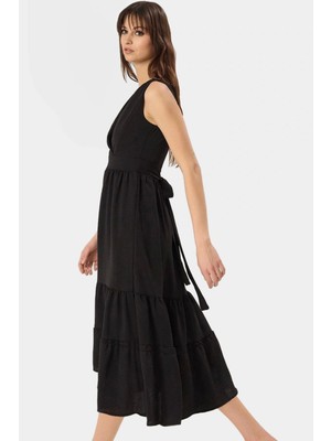 Rahat V Yaka Midi Elbise Polyester Dokuma Kumaş Yazlık Günlük Stil Kullanım Için