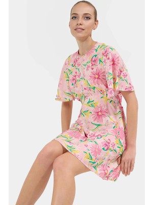 Yazlık Mini Elbise Tropikal Desenli Viskoz A Kesim Yüksek Kalite Seçkin Malzeme