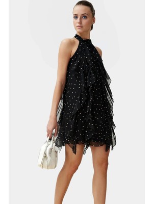 Yazlık Mini Elbise Halter Yaka Reglan Kol Puantiyeli Şifon Kumaş Konforlu Kesim Şık Görünüm