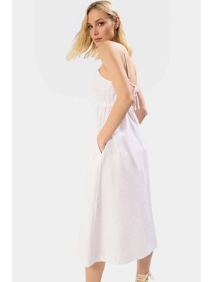 Pamuk Poplin Midi Elbise Belden Etekli Kare Yaka Kolsuz Giy Çık Rahat ve Şık Uzun Ömürlü