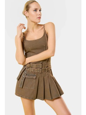 Şık Denim Mini Elbise Havuz Yaka Pileli Kemer Detaylı Yazlık Mükemmel Uyum Premium Kalite