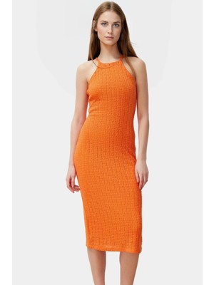 Nefes Alan Örme Midi Elbise Halter Yaka Bodycon Günlük Mükemmel Uyum Seçkin Malzeme