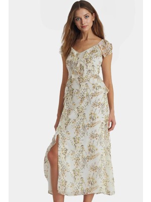 Yazlık Şifon Elbise V Yaka A Line Çiçek Desenli 120 cm Boy Zarifane Tasarım Günlük Kullanım Için