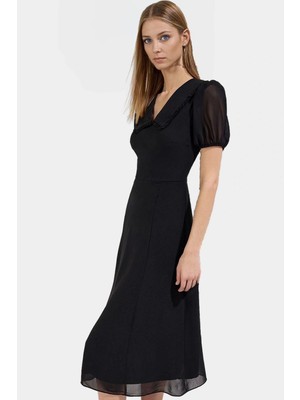 Astarlı Dokuma Şifon Elbise A Kesim Midi Boy Yazlık Profesyonel Görünüm Rahat ve Şık