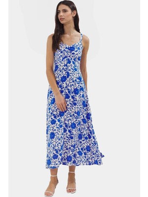 Viskoz Dokuma Çiçekli Skater Elbise Rahat Yazlık Stil Midi Boy V Yaka Premium Kalite