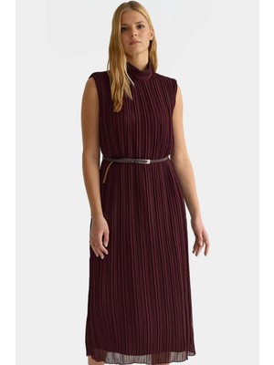Polyester Şifon Midi Elbise Düz Kesim Piliseli Kemer Detayı Dayanıklı Malzeme Rahat ve Şık