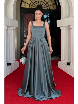 Saten Kumaş Sırtı Ipli Askılı Maxi Elbise - Çağla