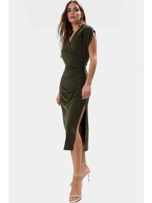 Kruvaze Midi Elbise 96% Polyester 4% Elastan 120 cm Boy Bodycon Özel Tasarım Rahat ve Şık