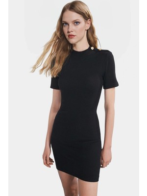 Kaşkorse Örme Mini Elbise Vücuda Oturan Düğmeli Kısa Kol Rahat ve Şık Konforlu Kesim