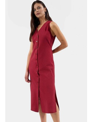 Keten Karışımlı Kolsuz Midi Gömlek Elbise Yazlık Şıklık Rahat ve Şık Trend Tasarım