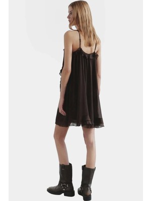 Şık Mini Elbise Astarlı Fırfırlı Yazlık Polyester Dokuma Yüksek Kalite