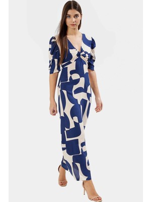 A Line Kesim Kısa Kollu Viskoz Desenli Midi Elbise Seçkin Malzeme Modern Stil