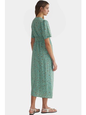 Polyester Dokuma Midi Elbise A Line Kesim Çiçek Desenli Gipeli Detay Premium Kalite