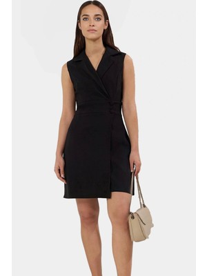 Iş Için Uygun Mini Elbise Polyester Dokuma Ceket Yaka Kolsuz Profesyonel Görünüm