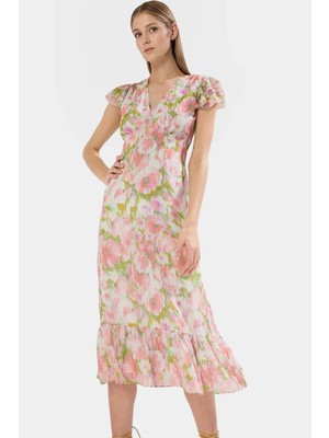 Çiçek Desenli Polyester Şifon Elbise A Kesim Midi Boy Rahat ve Şık Uzun Ömürlü Özenle Seçilmiş