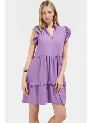Rahat Günlük Mini Elbise Volanlı Detaylar Hafif Yazlık Dokuma Kumaş Zarifane Tasarım