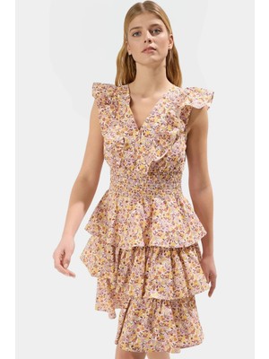 Kolsuz Skater Mini Elbise %pamuk Poplin Çiçek Desenli Yazlık Günlük Kullanım Için