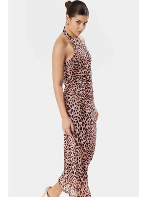Bodycon Örme Maxi Elbise Leopar Desen Boyundan Bağlamalı Astarlı 130CM Boy Günlük Kullanım Için
