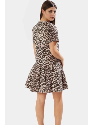 Pamuk Denim Mini Elbise Leopar Desenli Fırfırlı Etek Kısa Kollu Bodycon Zarifane Tasarım