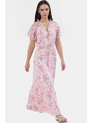 Şifon Maxi Elbise Çiçek Desenli Skater Kalıp Melek Kol Yazlık Modern Stil Seçkin Malzeme