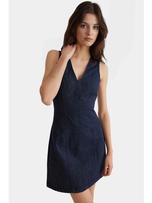 V Yaka Denim Mini Elbise Bodycon Kalıp Yazlık Rigid Dokuma %pamuk Trend Tasarım