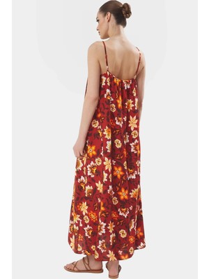 Şık Maxi Elbise Viskoz Kumaş Tropikal Desen Kare Yaka Dayanıklı Malzeme Uzun Ömürlü Modern Stil