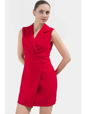 Iş Için Uygun Mini Elbise Polyester Dokuma Ceket Yaka Kolsuz Profesyonel Görünüm