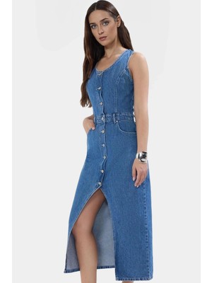 Pamuk Denim Midi Elbise Yırtmaçlı Düğmeli Havuz Yaka Şık Yazlık Profesyonel Görünüm