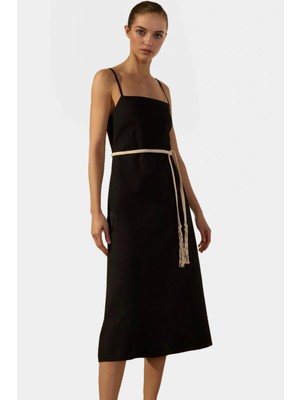 Rahat ve Şık Pamuklu Keten Midi Elbise A Line Kesim Kolsuz Yazlık