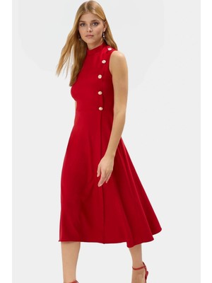 Iş Kadını Midi Elbise Kolsuz Dokuma Kumaş Belden Şık Görünüm Konforlu Kesim